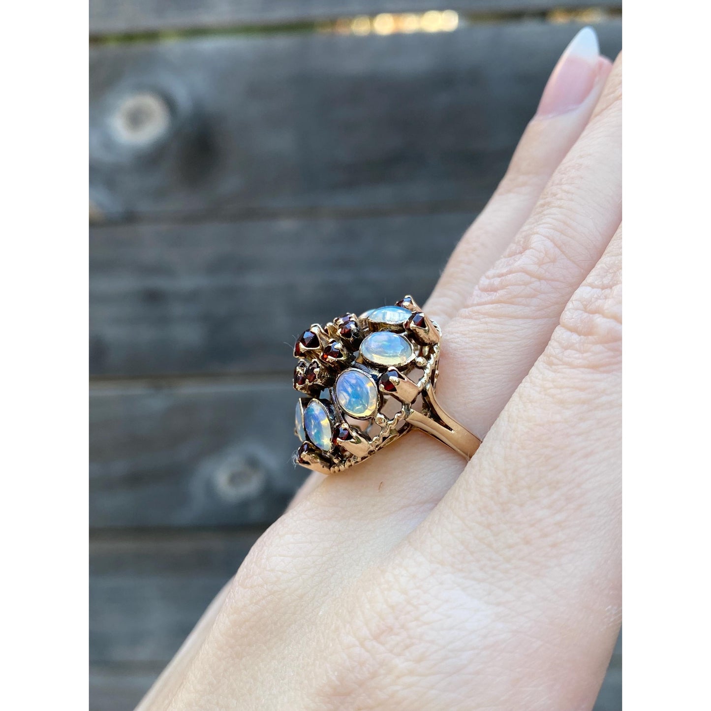 Vintage Solid 14k Yellow Gold Opal Garnet Cocktail Ring - Size 5.5-5.75