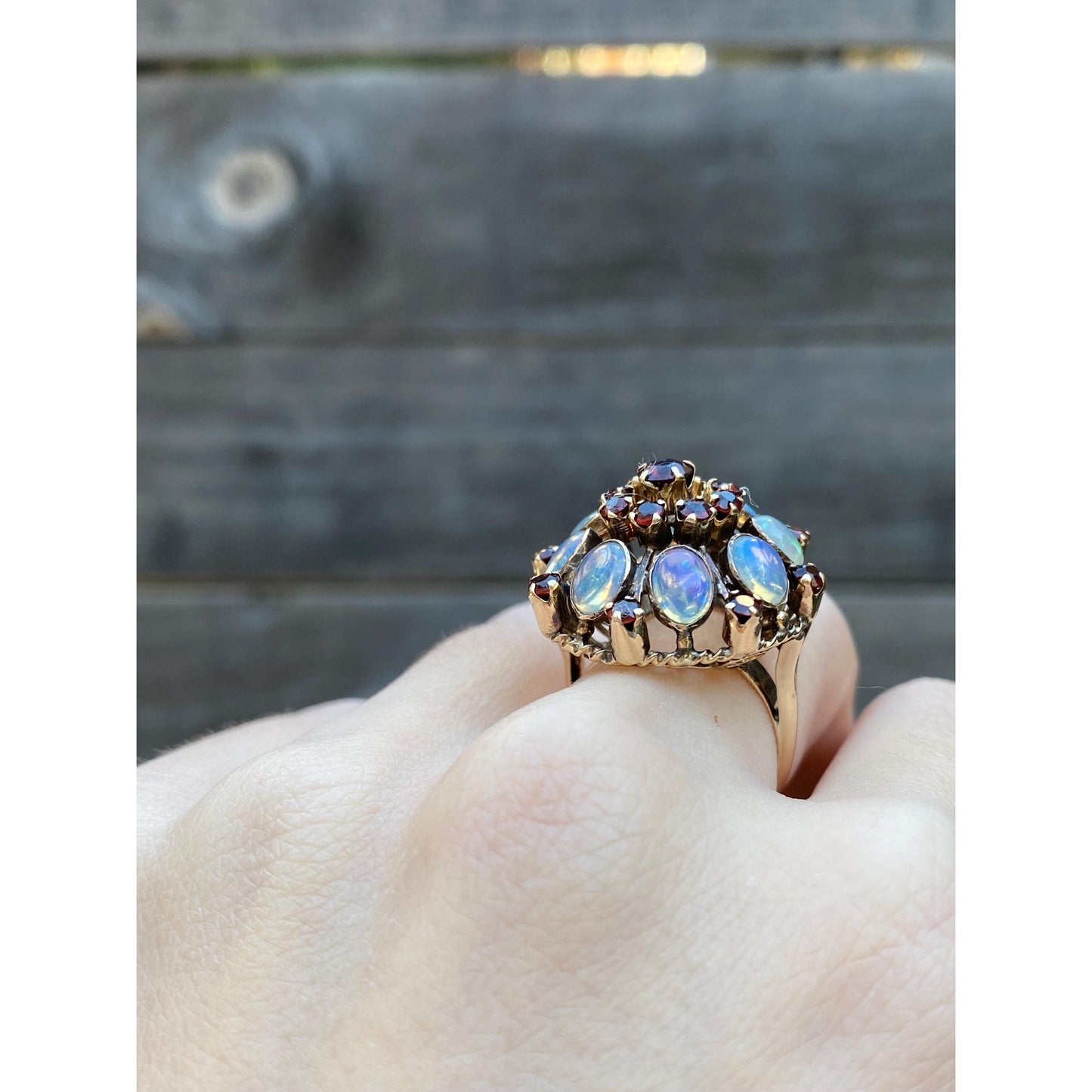 Vintage Solid 14k Yellow Gold Opal Garnet Cocktail Ring - Size 5.5-5.75