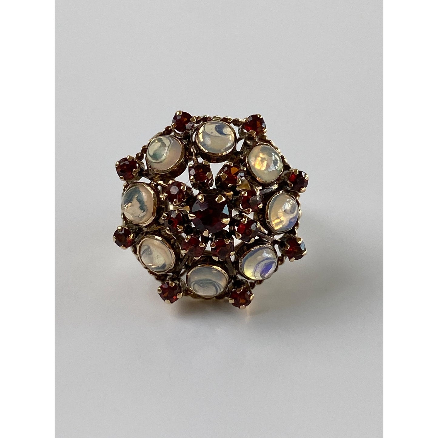 Vintage Solid 14k Yellow Gold Opal Garnet Cocktail Ring - Size 5.5-5.75