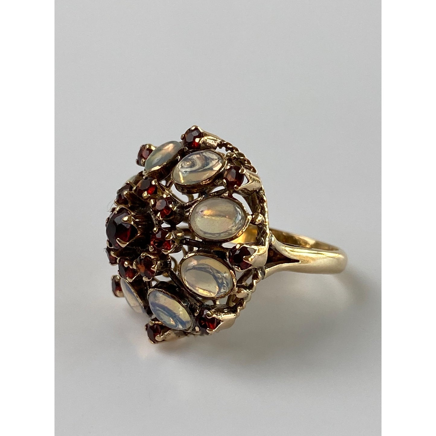 Vintage Solid 14k Yellow Gold Opal Garnet Cocktail Ring - Size 5.5-5.75