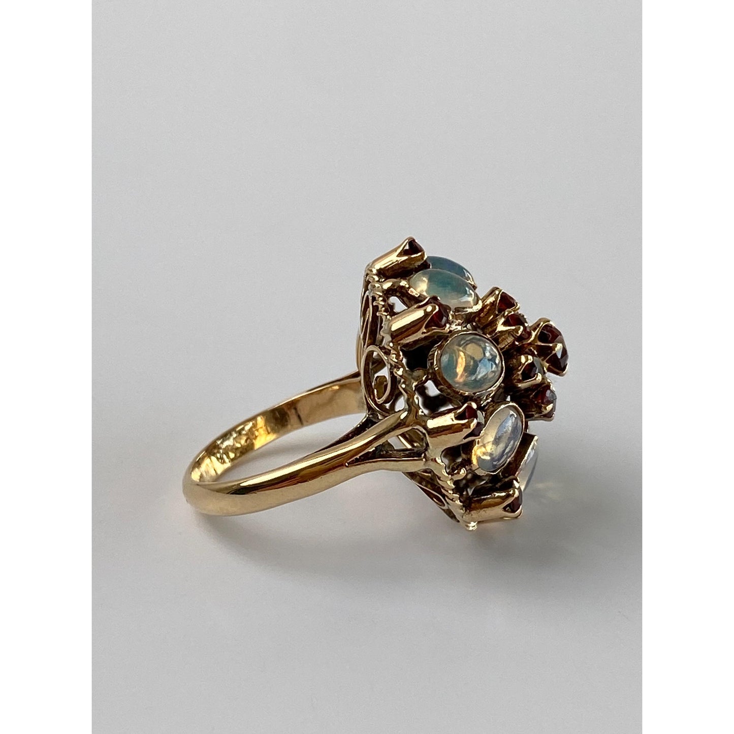 Vintage Solid 14k Yellow Gold Opal Garnet Cocktail Ring - Size 5.5-5.75