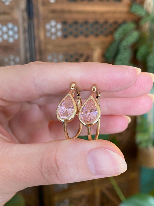 Vintage 14k Yellow Gold Pink Cubic Zirconia Teardrop Hoop Earrings