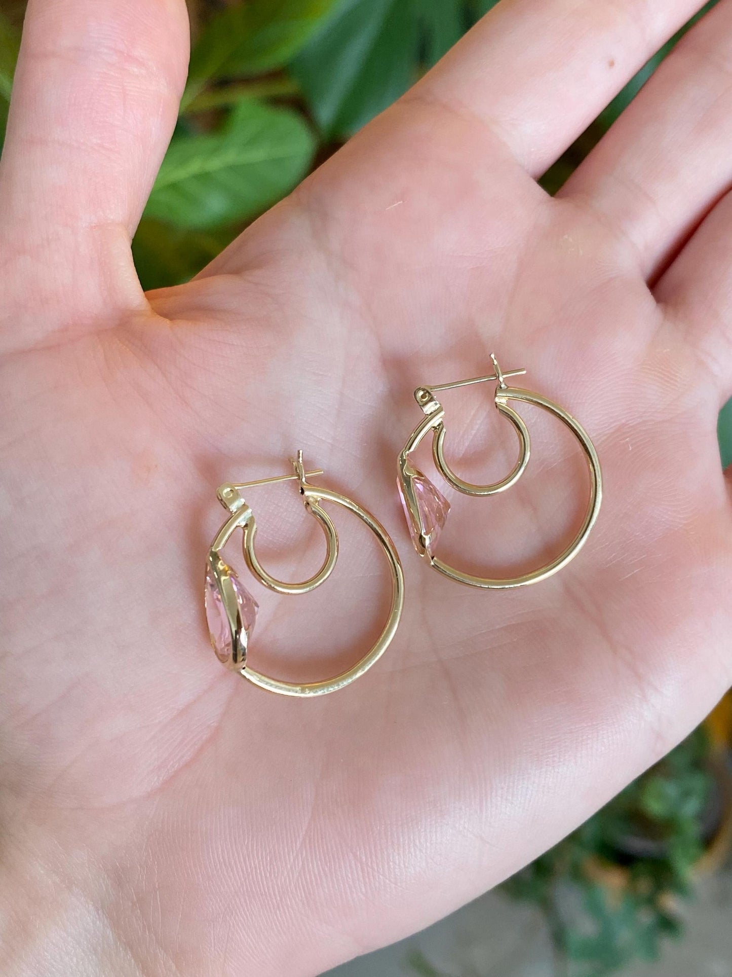Vintage 14k Yellow Gold Pink Cubic Zirconia Teardrop Hoop Earrings