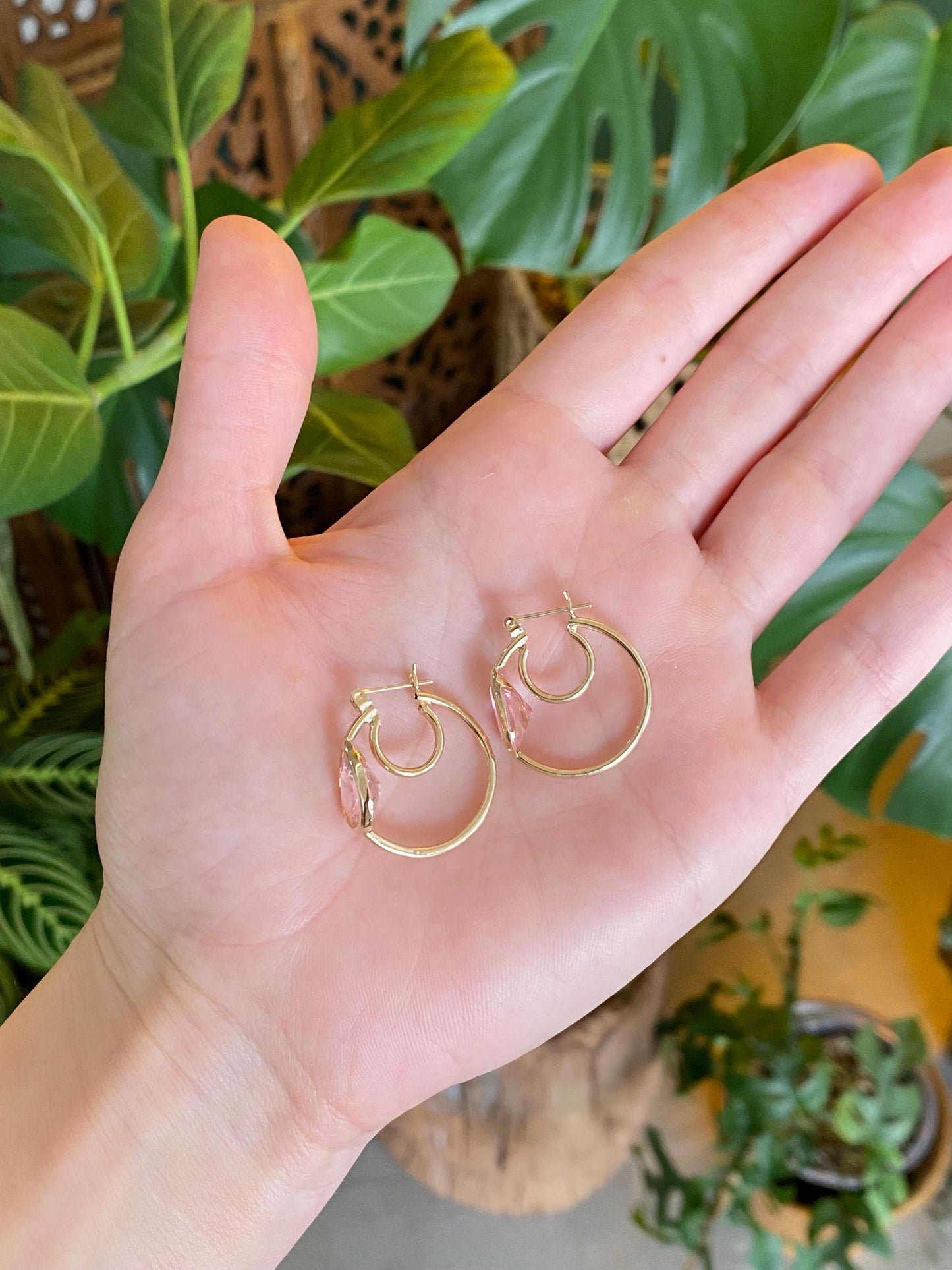 Vintage 14k Yellow Gold Pink Cubic Zirconia Teardrop Hoop Earrings