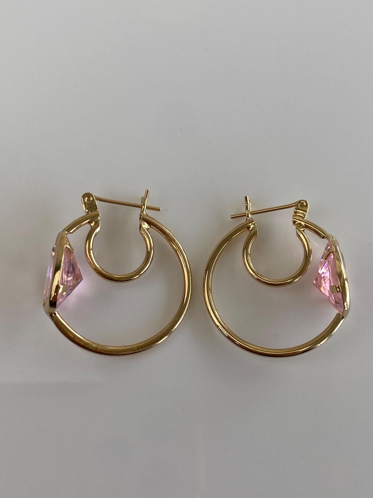 Vintage 14k Yellow Gold Pink Cubic Zirconia Teardrop Hoop Earrings