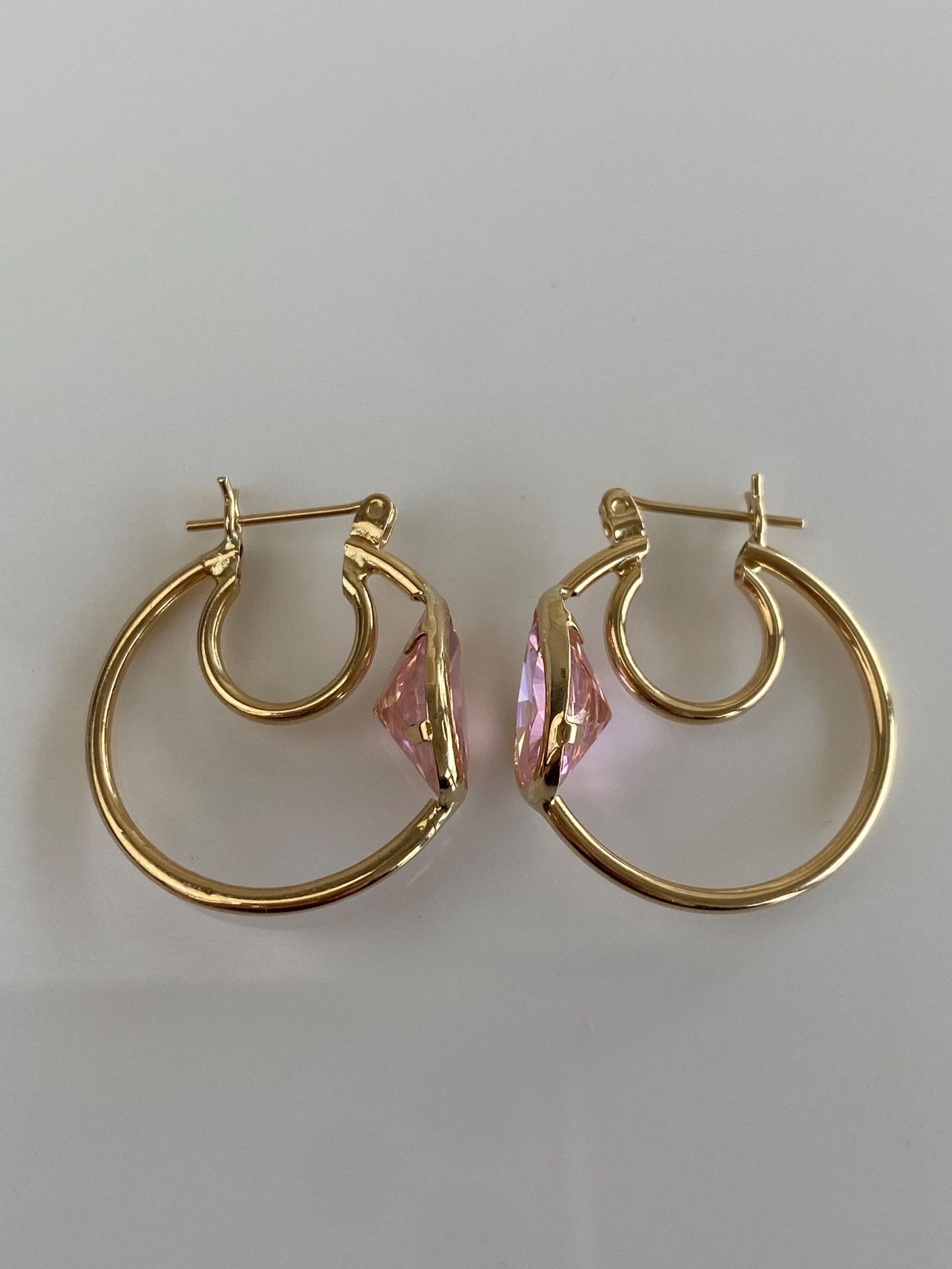 Vintage 14k Yellow Gold Pink Cubic Zirconia Teardrop Hoop Earrings
