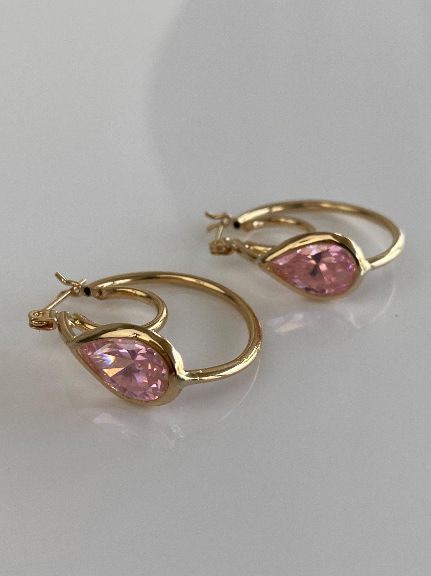 Vintage 14k Yellow Gold Pink Cubic Zirconia Teardrop Hoop Earrings