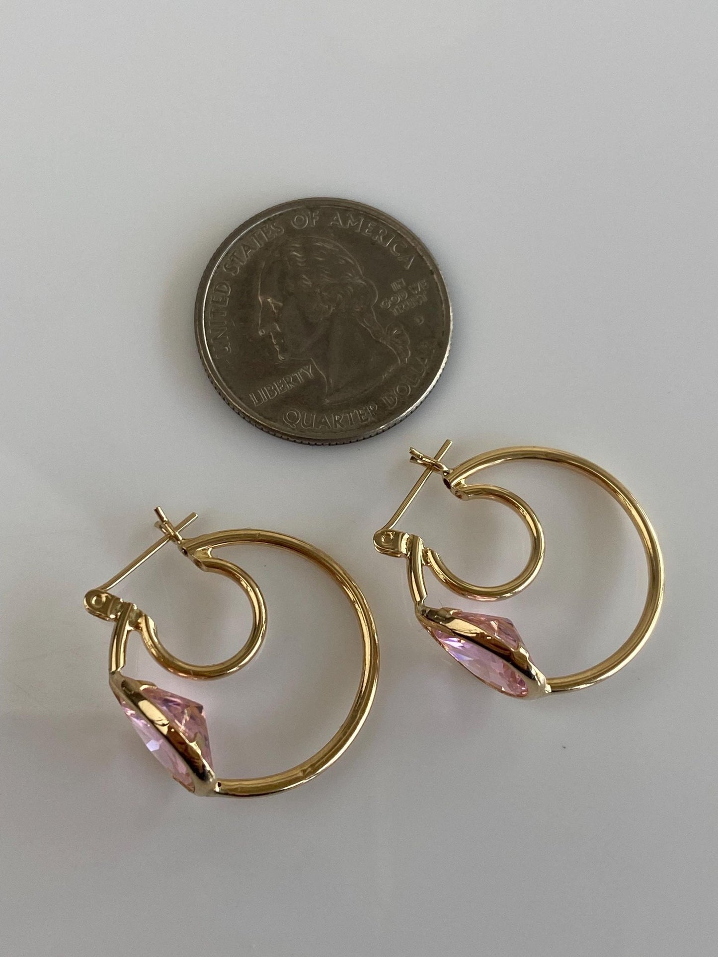 Vintage 14k Yellow Gold Pink Cubic Zirconia Teardrop Hoop Earrings