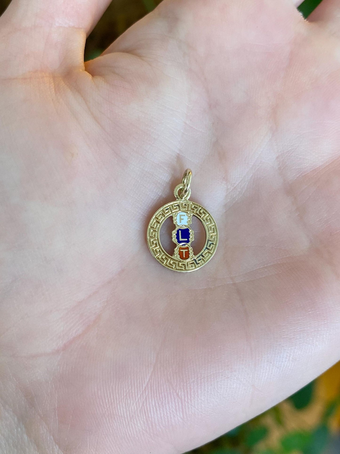 Vintage Solid 14k Yellow Gold Enamel FLT Greek Key Border Charm