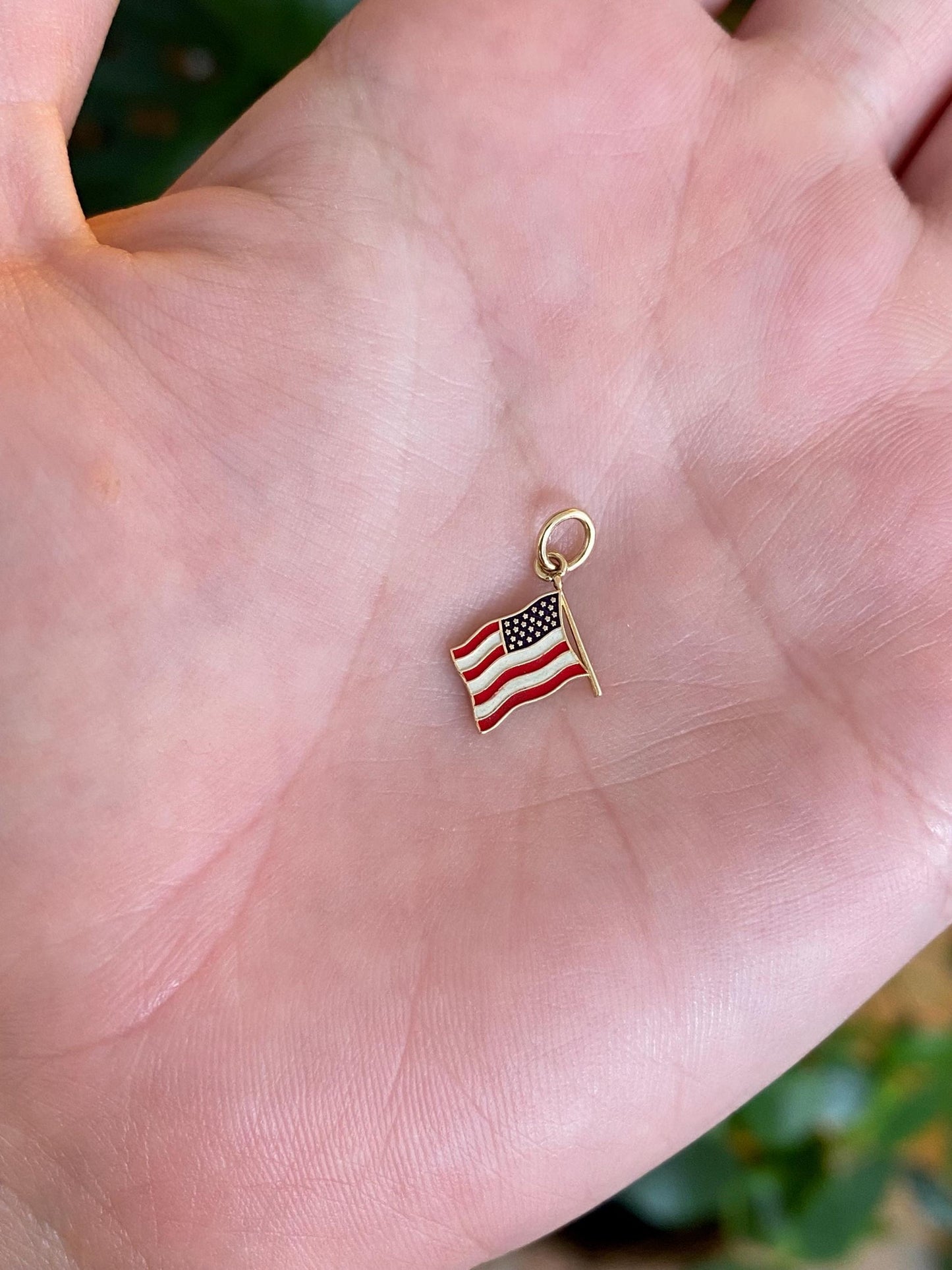 Vintage Solid 14k Yellow Gold Enamel American Flag Charm