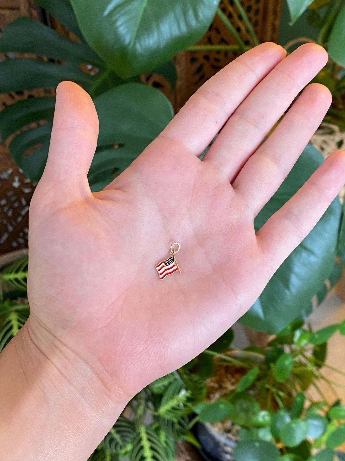 Vintage Solid 14k Yellow Gold Enamel American Flag Charm