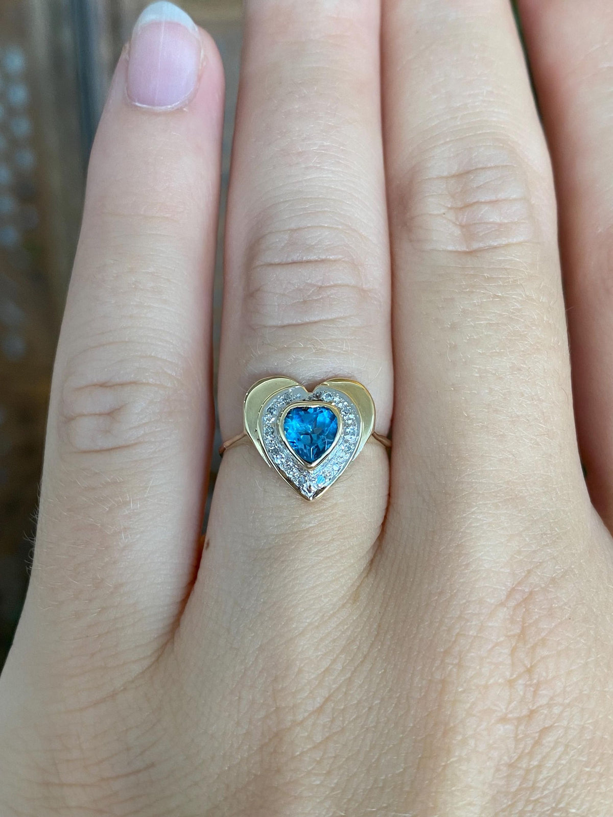 Vintage Solid 14k White & Yellow Gold Topaz Diamond Halo Heart Ring - Size 5