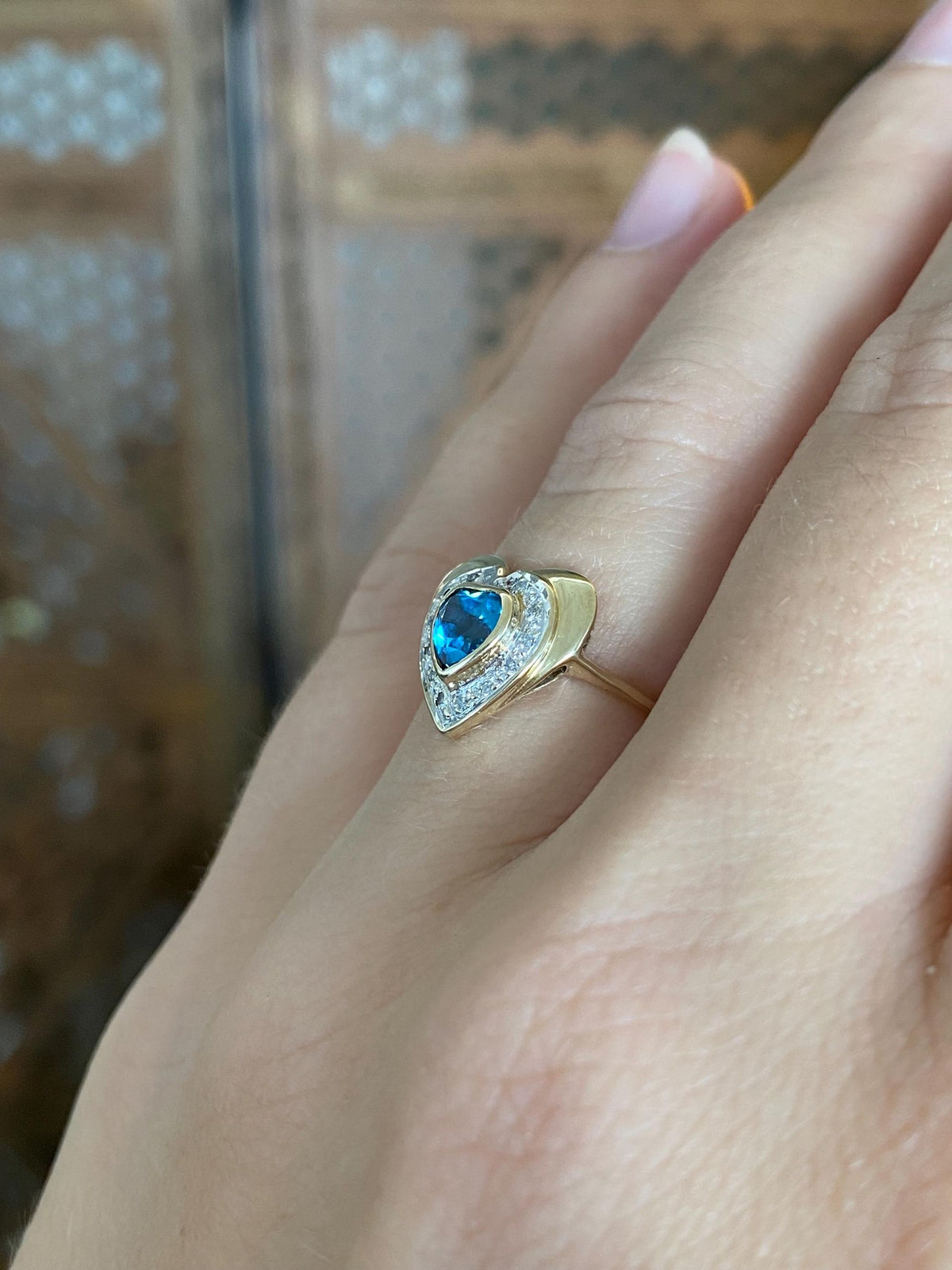 Vintage Solid 14k White & Yellow Gold Topaz Diamond Halo Heart Ring - Size 5