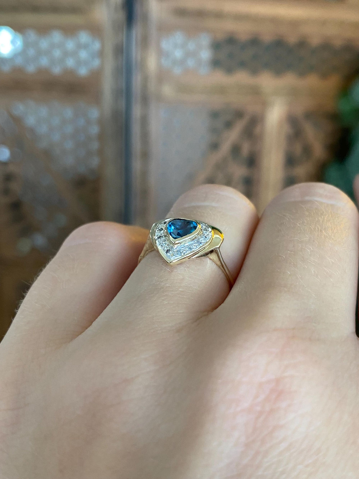 Vintage Solid 14k White & Yellow Gold Topaz Diamond Halo Heart Ring - Size 5