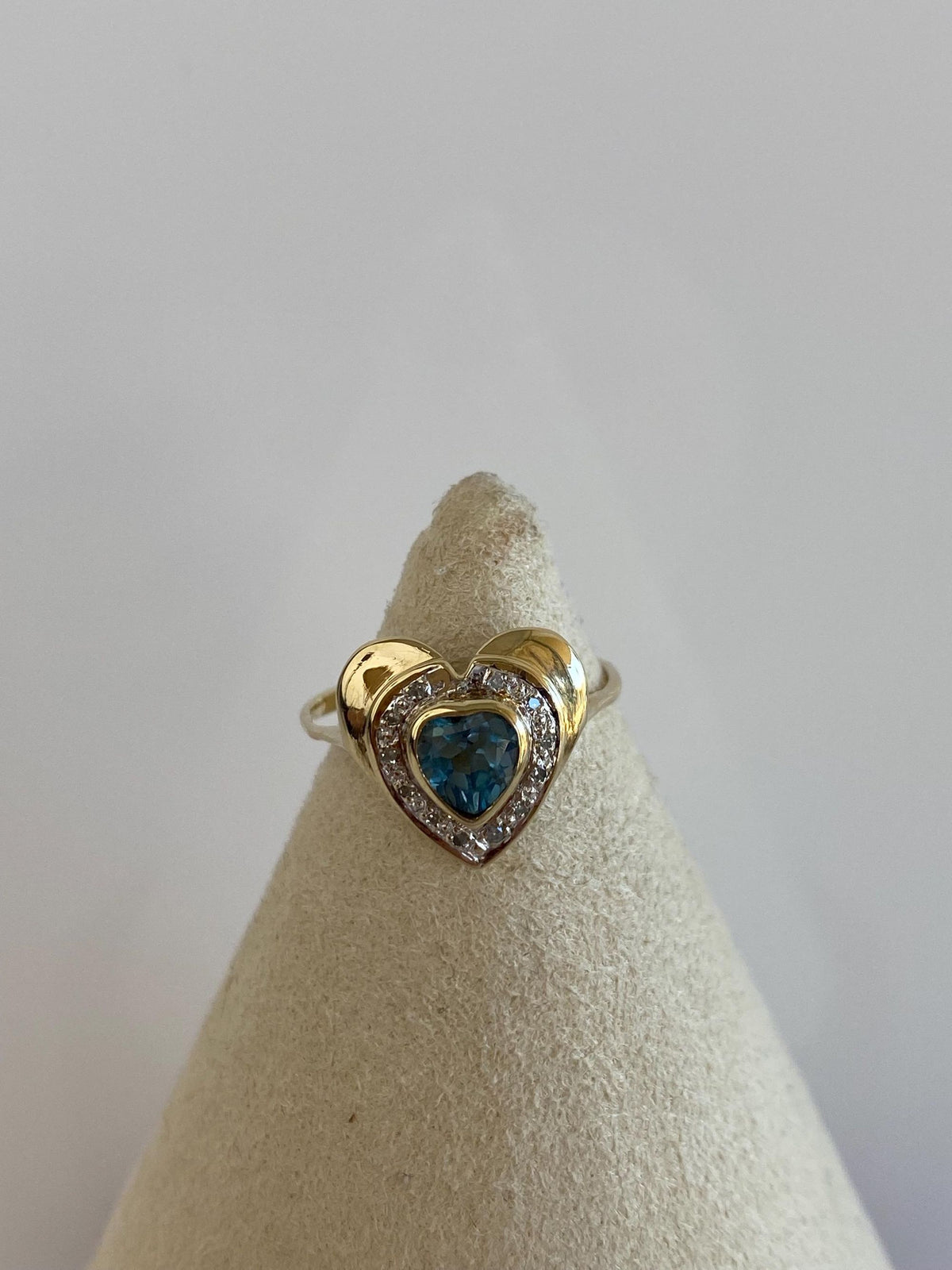 Vintage Solid 14k White & Yellow Gold Topaz Diamond Halo Heart Ring - Size 5
