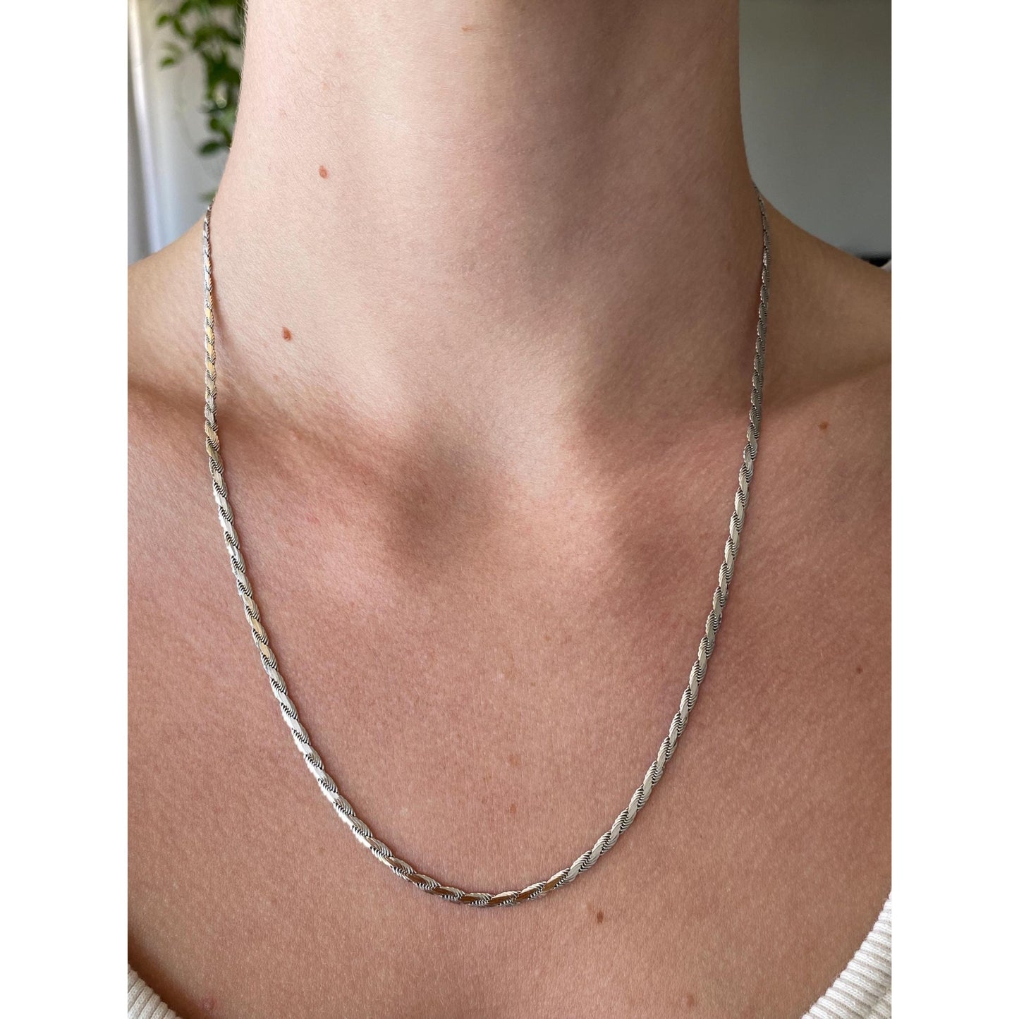 Vintage Solid 14k White Gold Flat Rope Chain Necklace - 20 inches