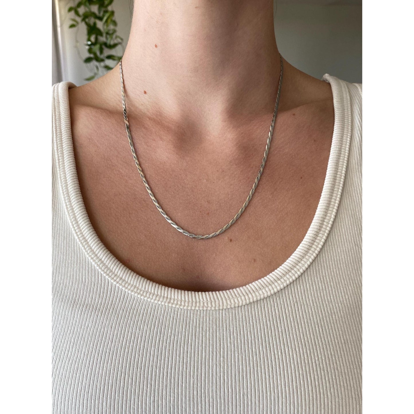 Vintage Solid 14k White Gold Flat Rope Chain Necklace - 20 inches