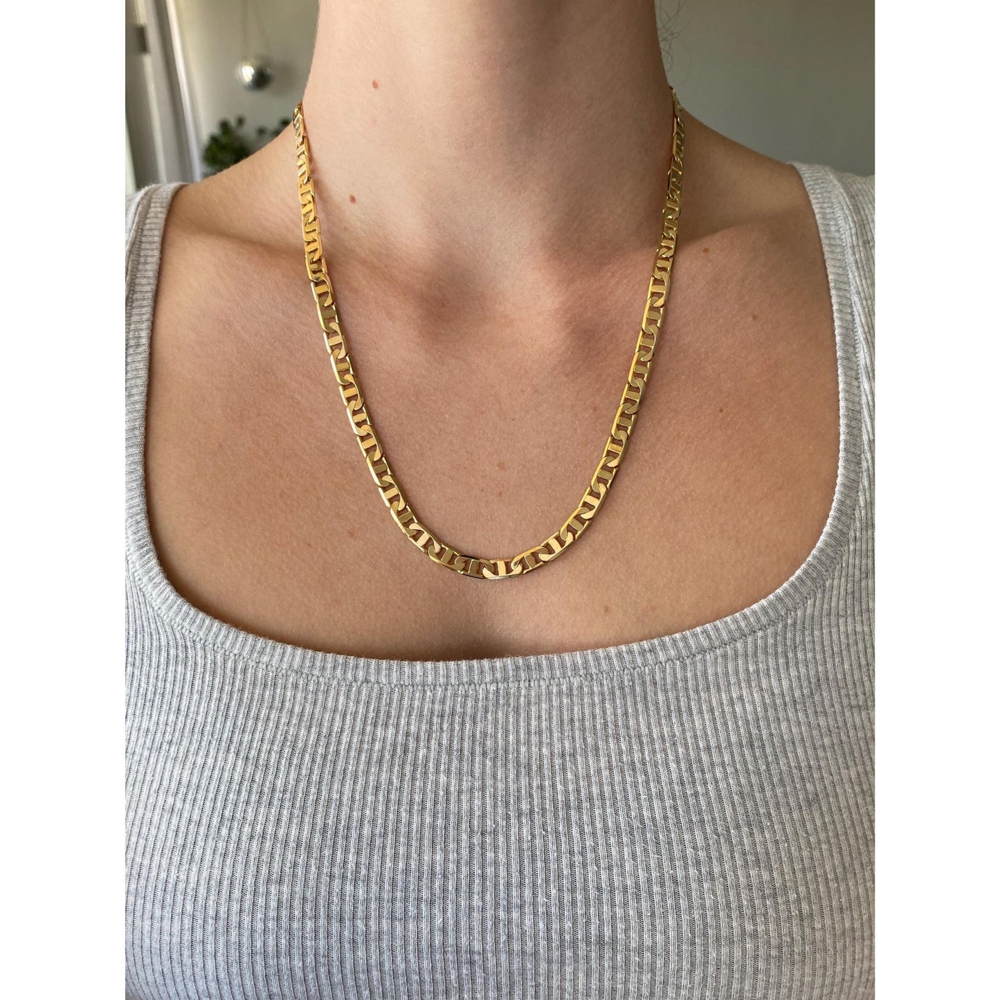 Vintage Solid 14k Yellow Gold Flat Mariner Chain Necklace - 20.75 inches