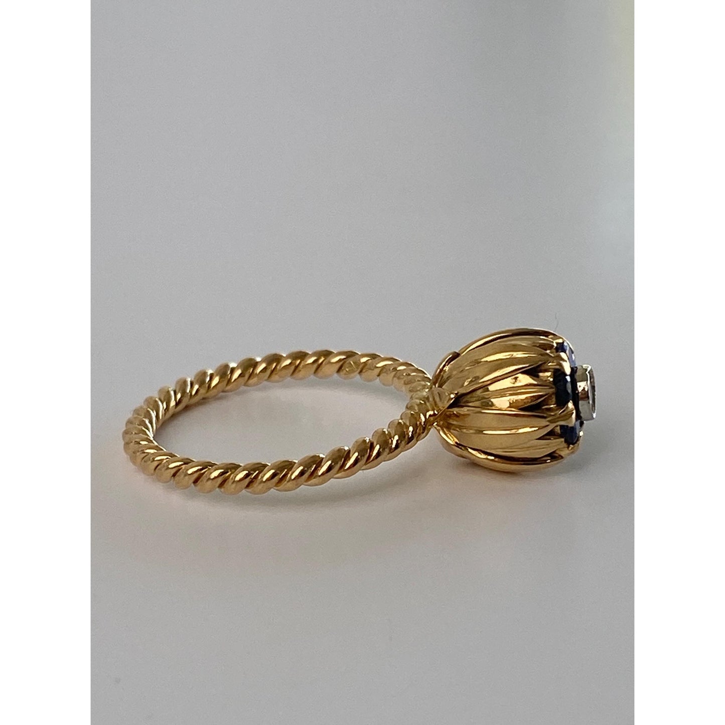 Solid 18k Yellow Gold Blue Spinel Halo Diamond Ring - Size 6.5