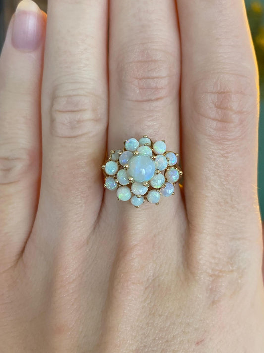Vintage Solid 14k Yellow Gold Opal Cluster Ring - Size 6