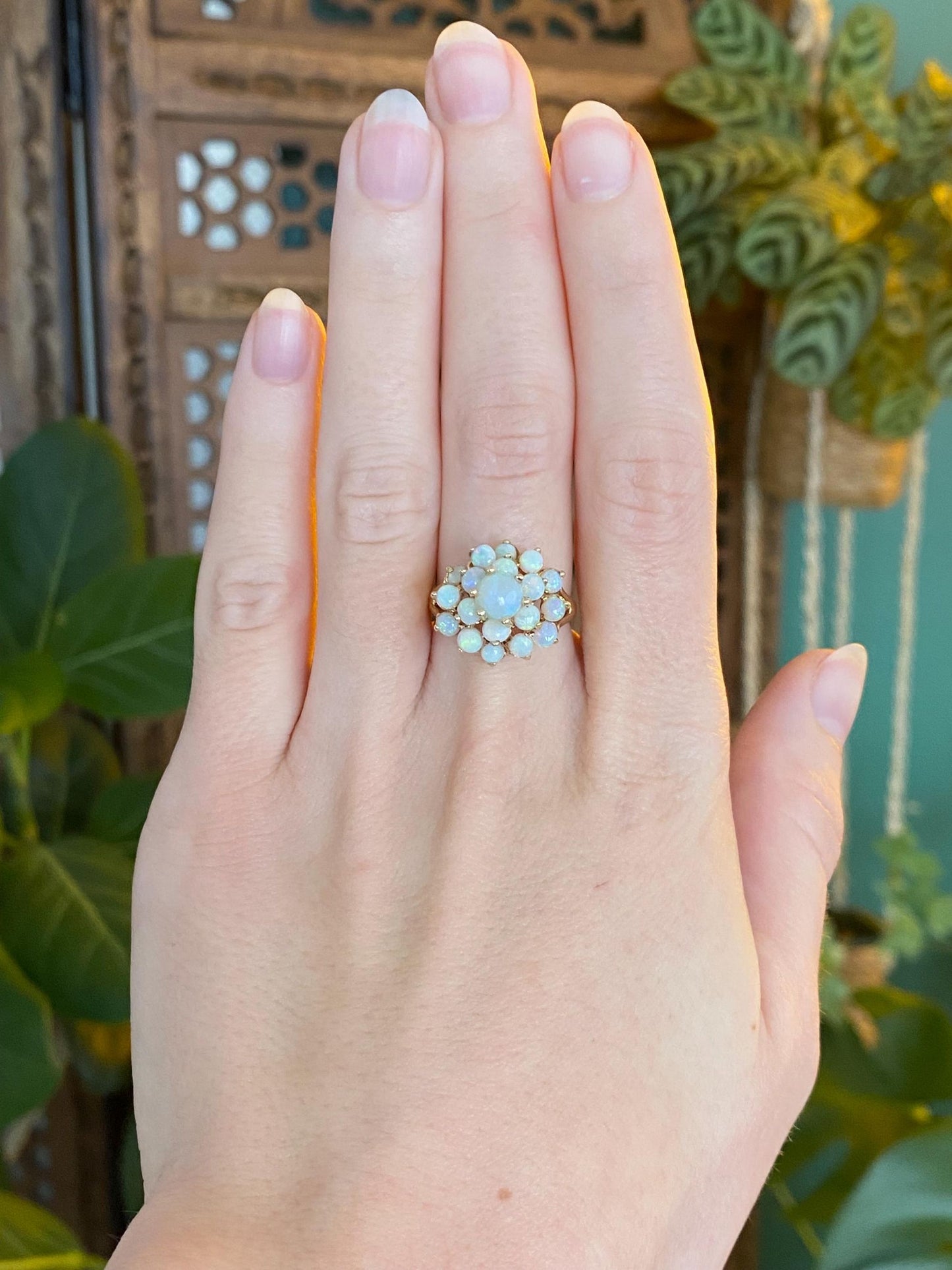Vintage Solid 14k Yellow Gold Opal Cluster Ring - Size 6