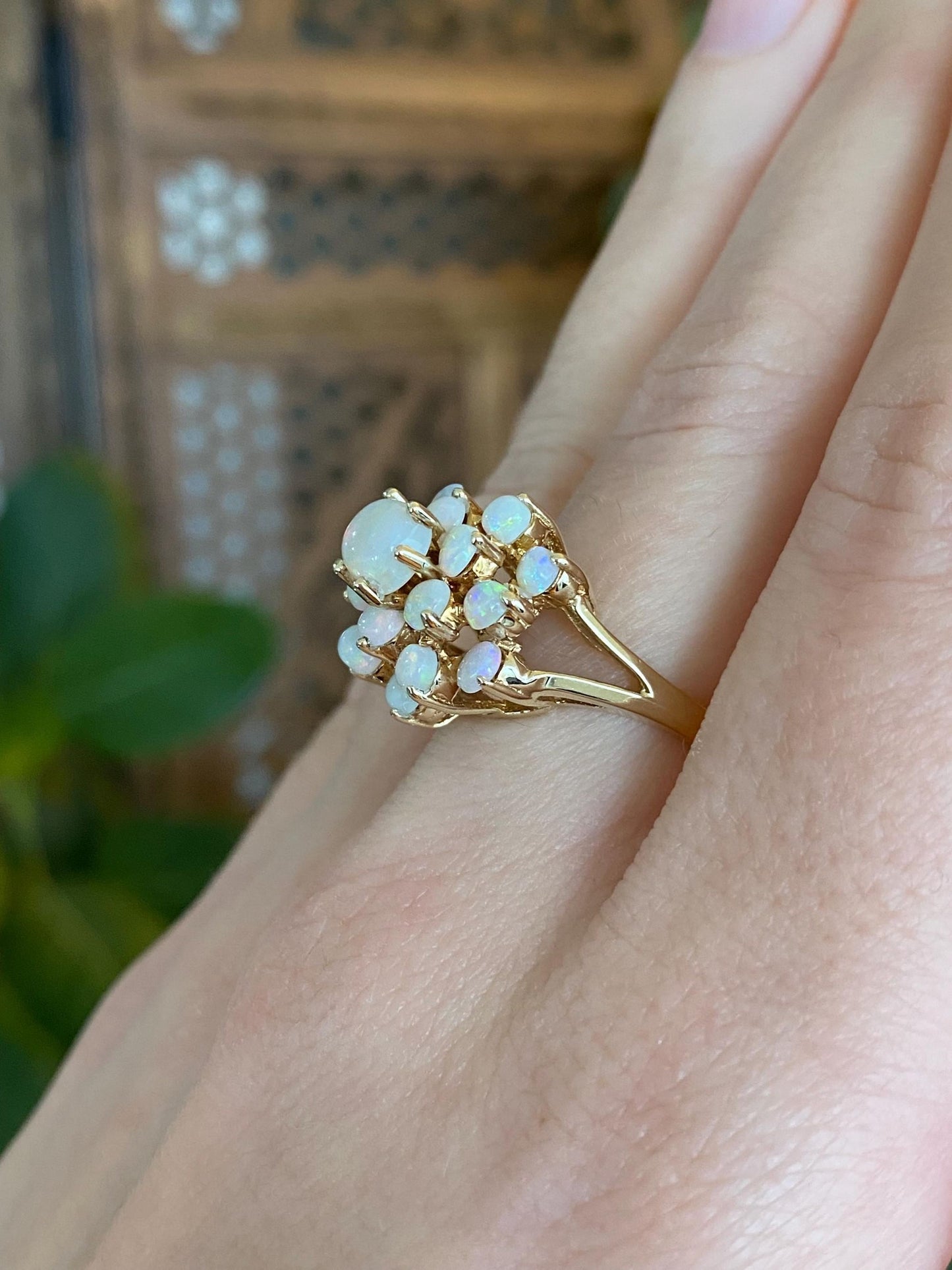 Vintage Solid 14k Yellow Gold Opal Cluster Ring - Size 6