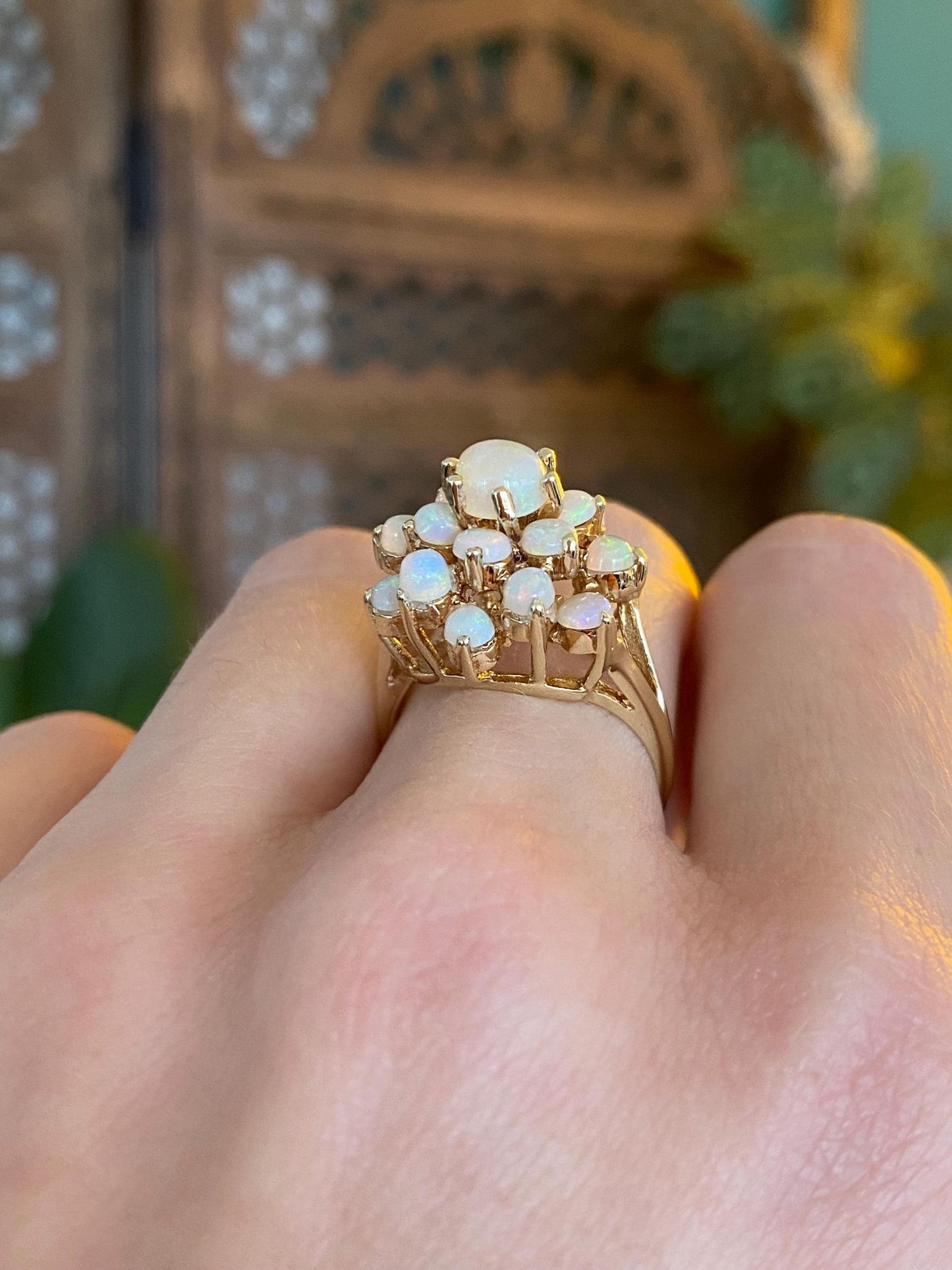 Vintage Solid 14k Yellow Gold Opal Cluster Ring - Size 6