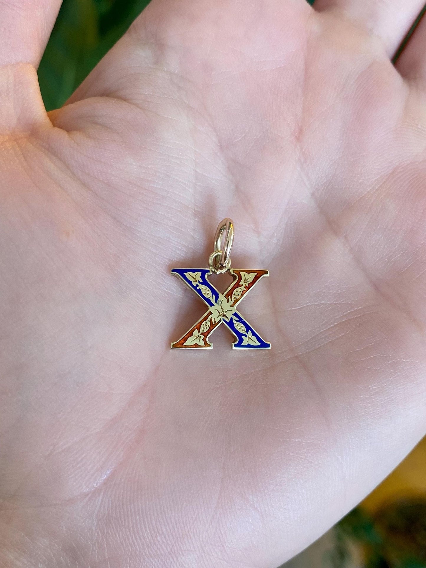 Vintage Solid 14k Yellow Gold Red & Blue Enamel Initial 'X' Charm