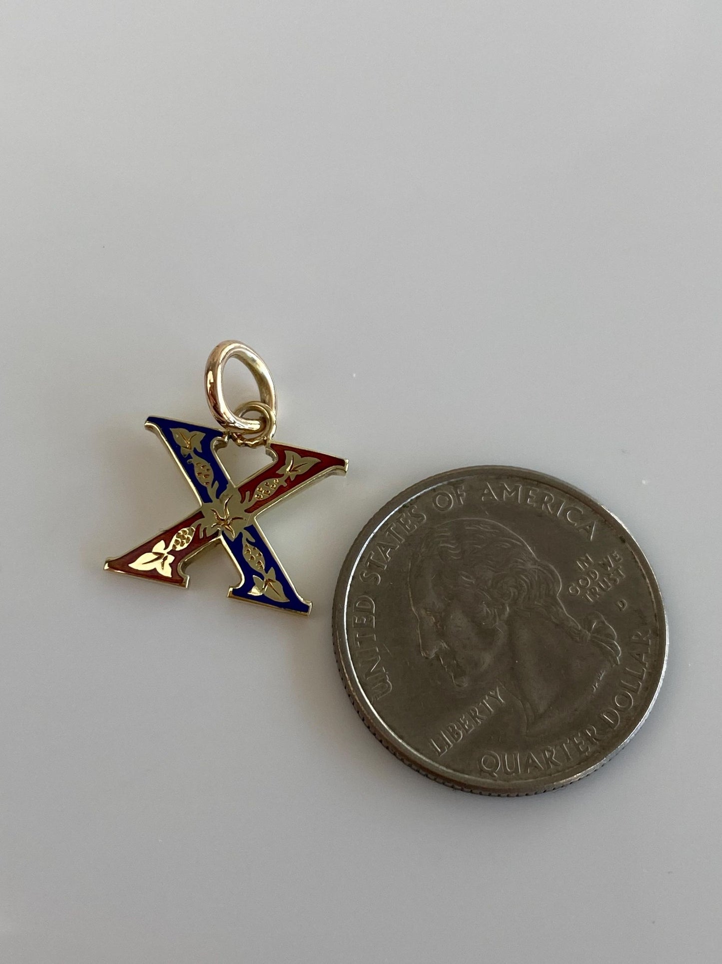 Vintage Solid 14k Yellow Gold Red & Blue Enamel Initial 'X' Charm