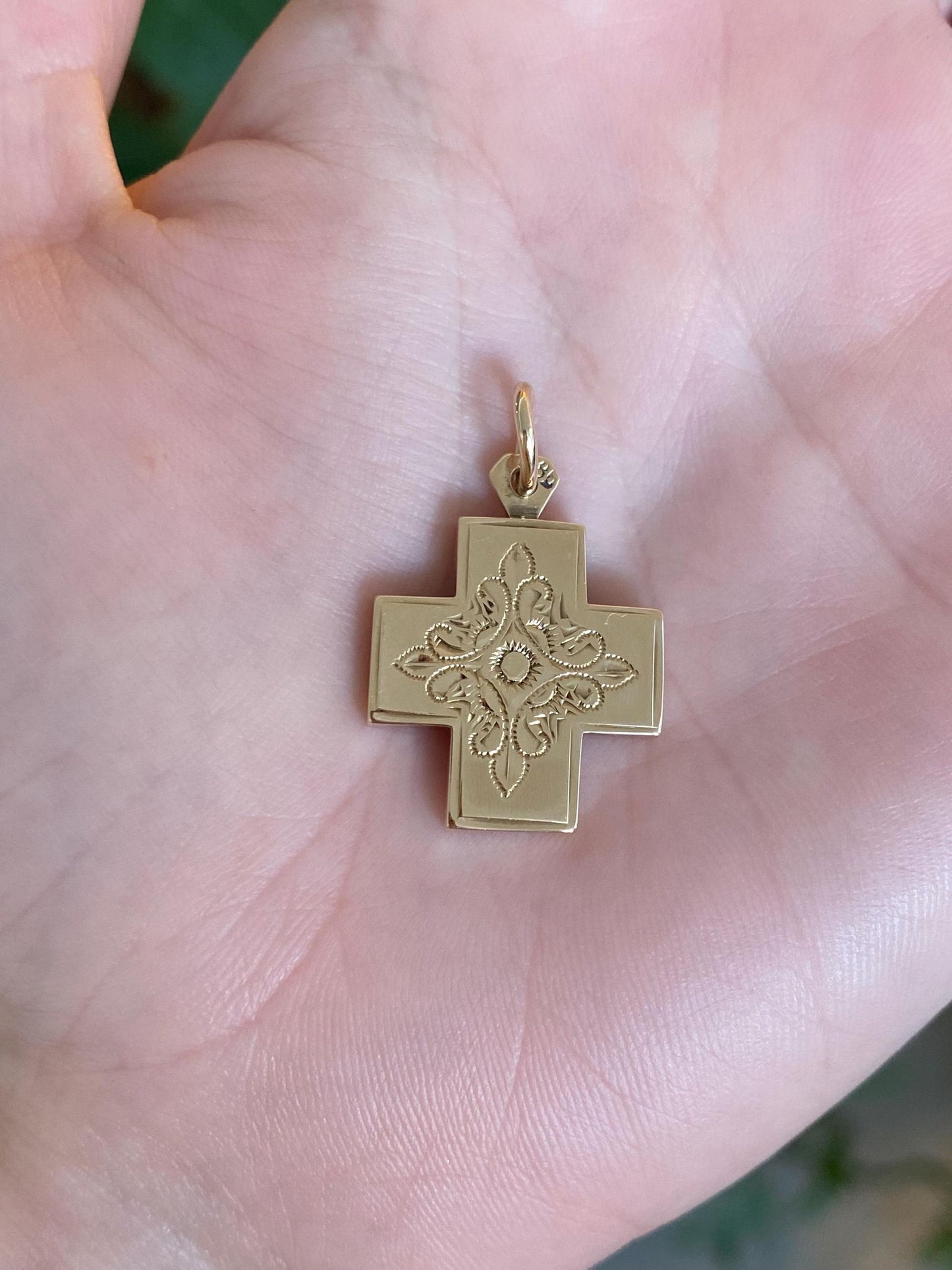 Vintage Solid 14k Yellow Gold Engraved Floral Cross Charm