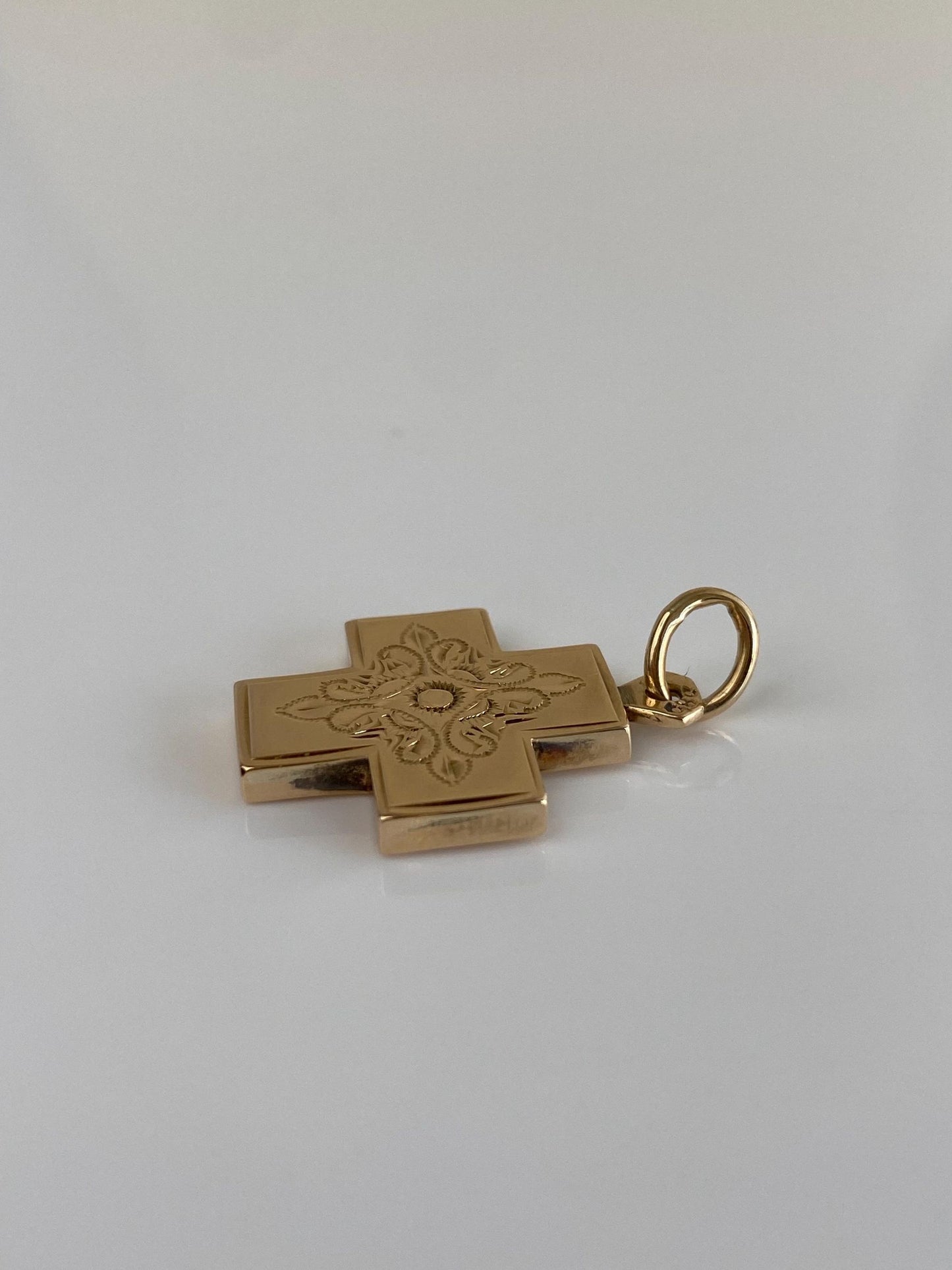 Vintage Solid 14k Yellow Gold Engraved Floral Cross Charm