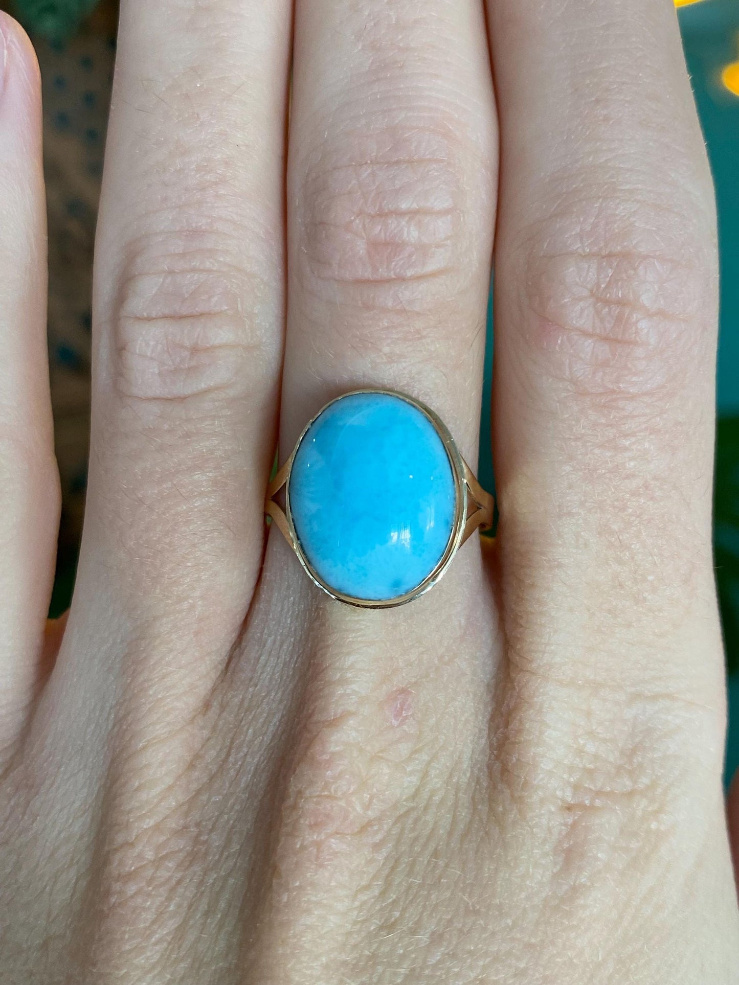 Vintage Solid 14k Yellow Gold Larimar Ring - Size 8.5