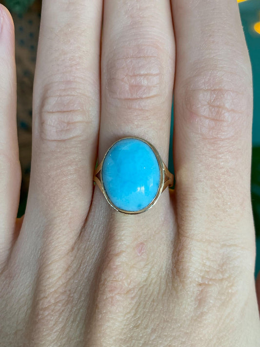 Vintage Solid 14k Yellow Gold Larimar Ring - Size 8.5