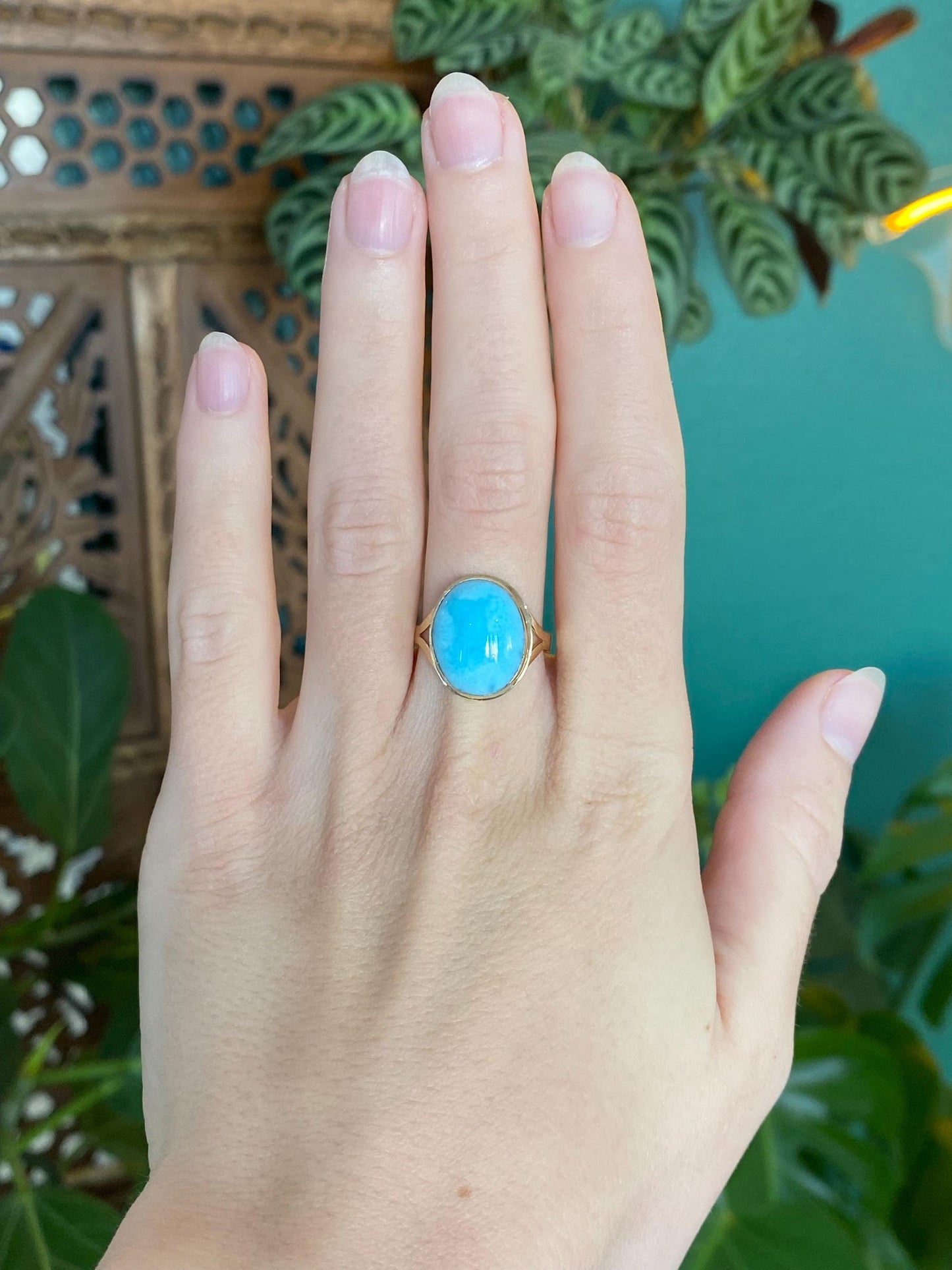 Vintage Solid 14k Yellow Gold Larimar Ring - Size 8.5