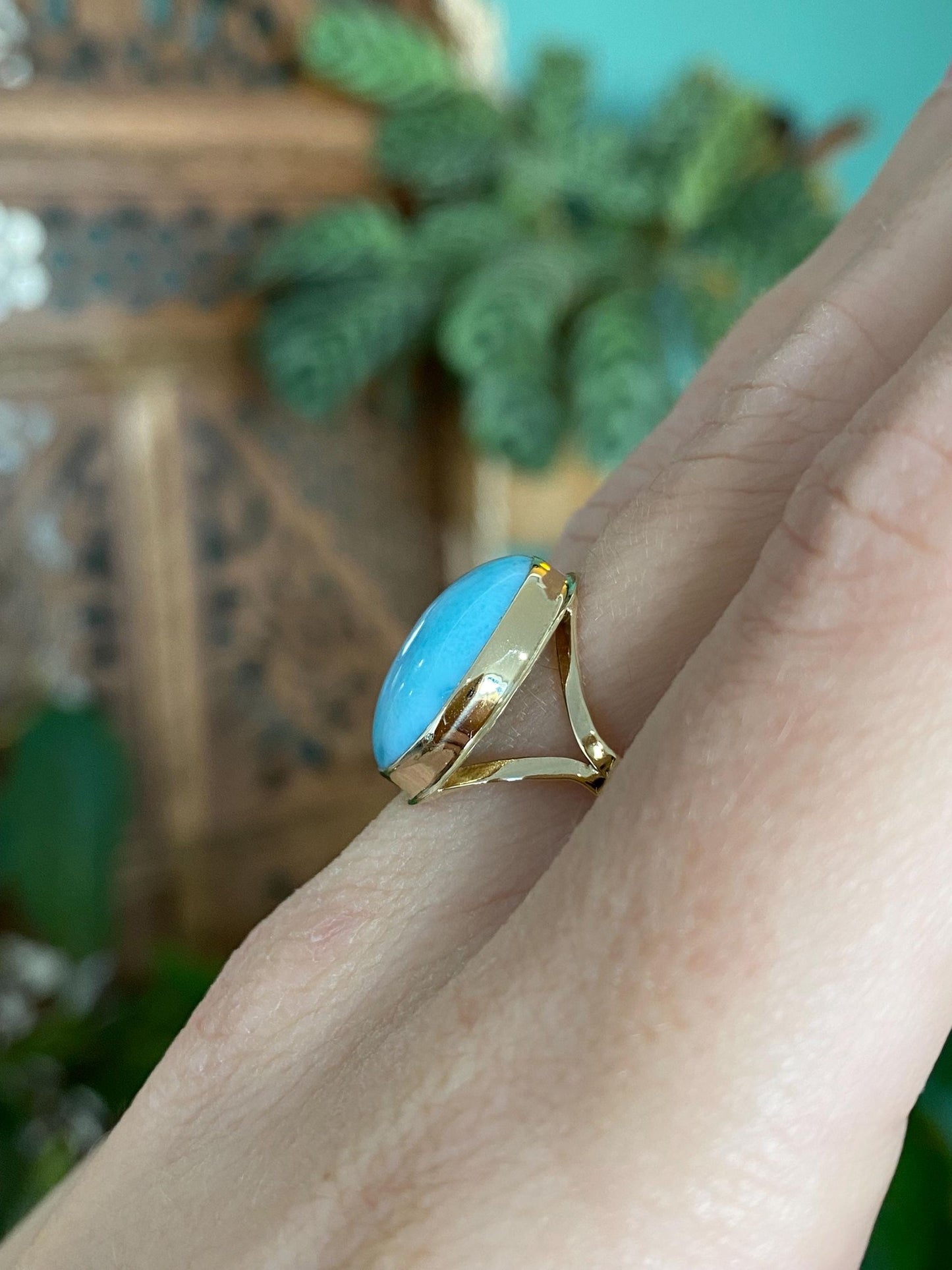 Vintage Solid 14k Yellow Gold Larimar Ring - Size 8.5