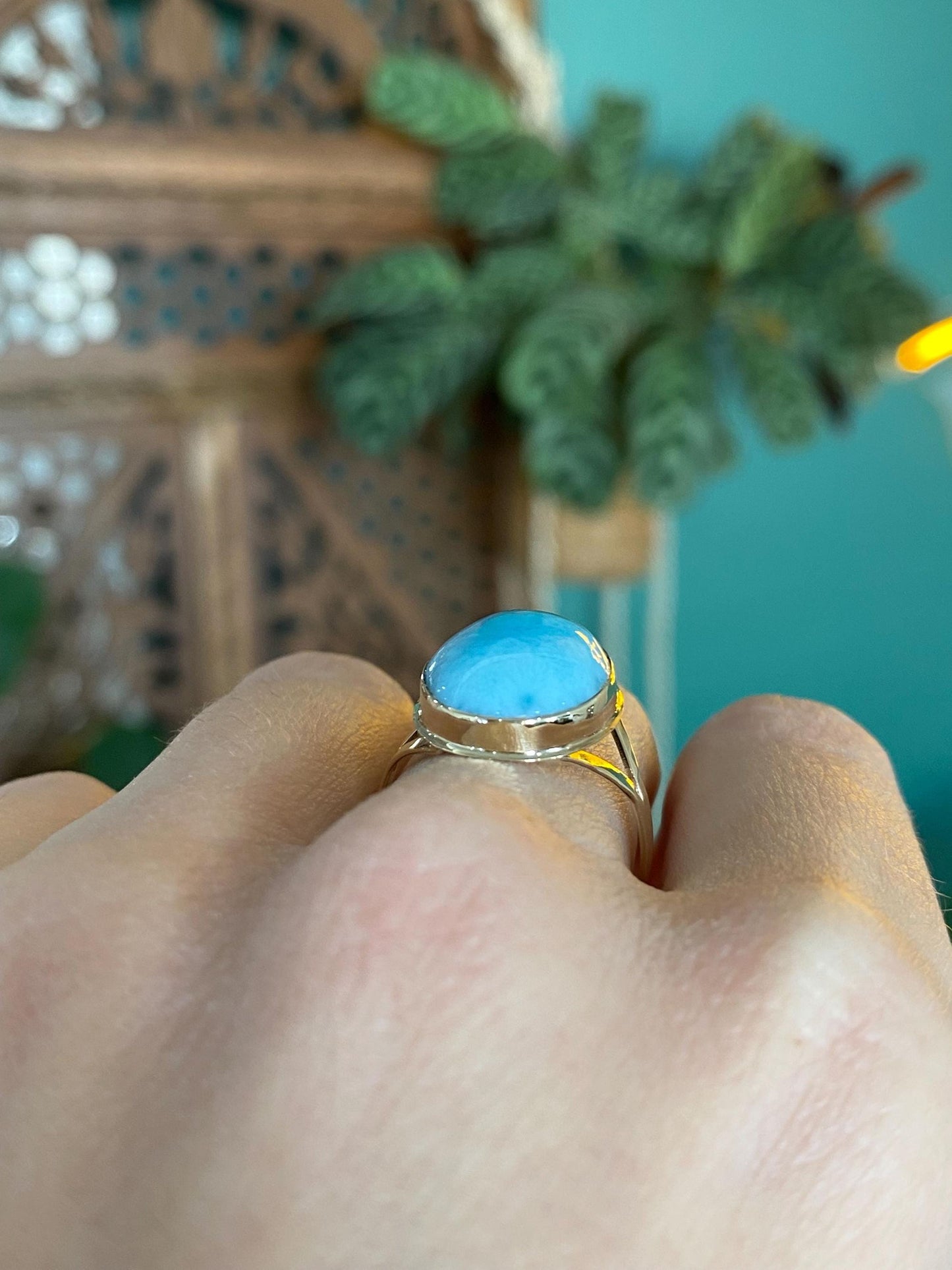 Vintage Solid 14k Yellow Gold Larimar Ring - Size 8.5