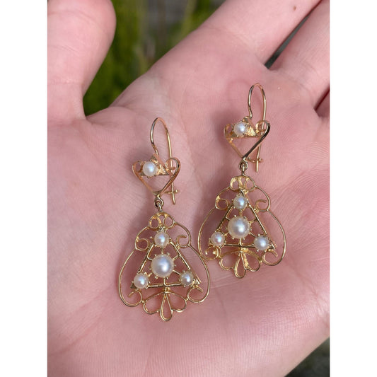 Vintage Solid 10k Yellow Gold Ornate Pearl Dangle Earrings