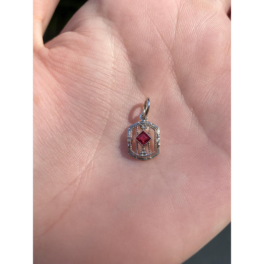 Vintage Solid 10k White Gold Red Cubic Zirconia Art Deco Stick Pin Conversion Charm