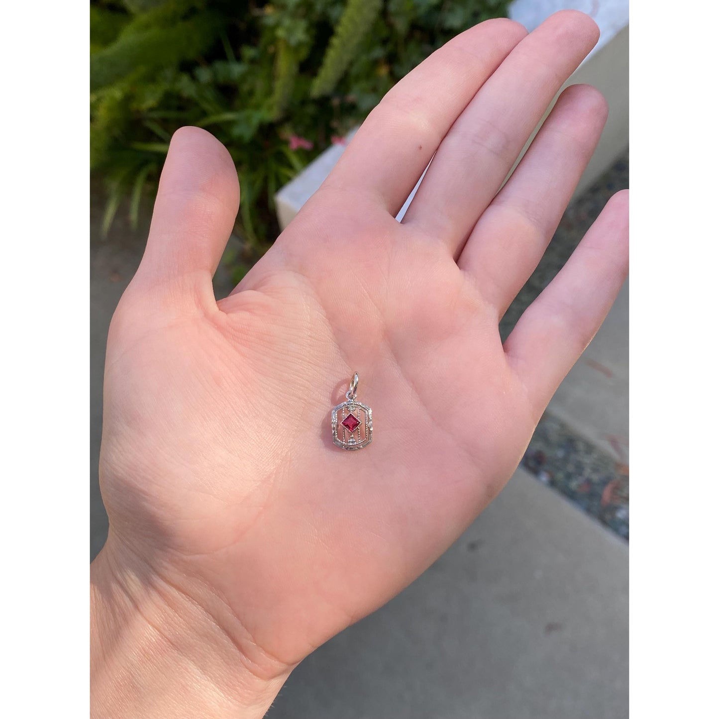 Vintage Solid 10k White Gold Red Cubic Zirconia Art Deco Stick Pin Conversion Charm