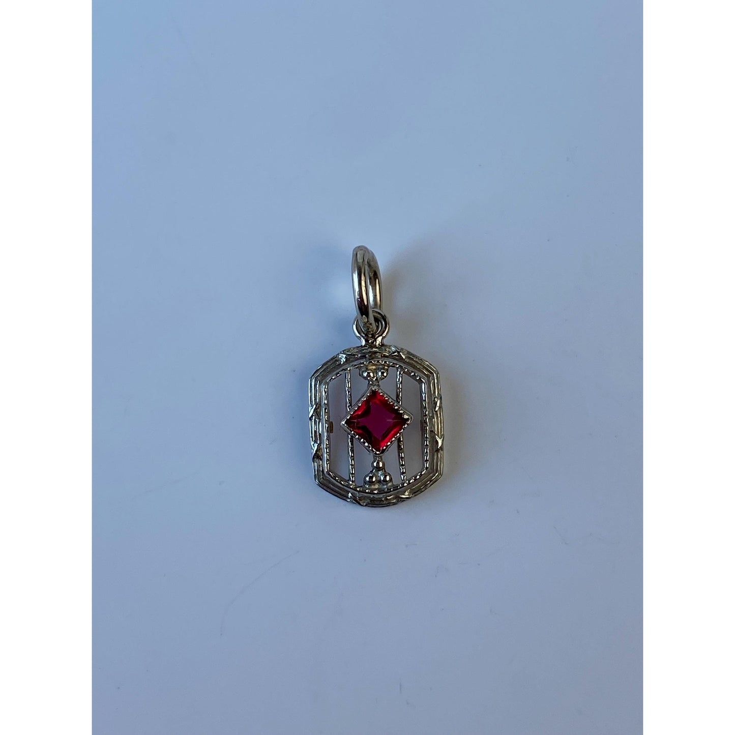 Vintage Solid 10k White Gold Red Cubic Zirconia Art Deco Stick Pin Conversion Charm