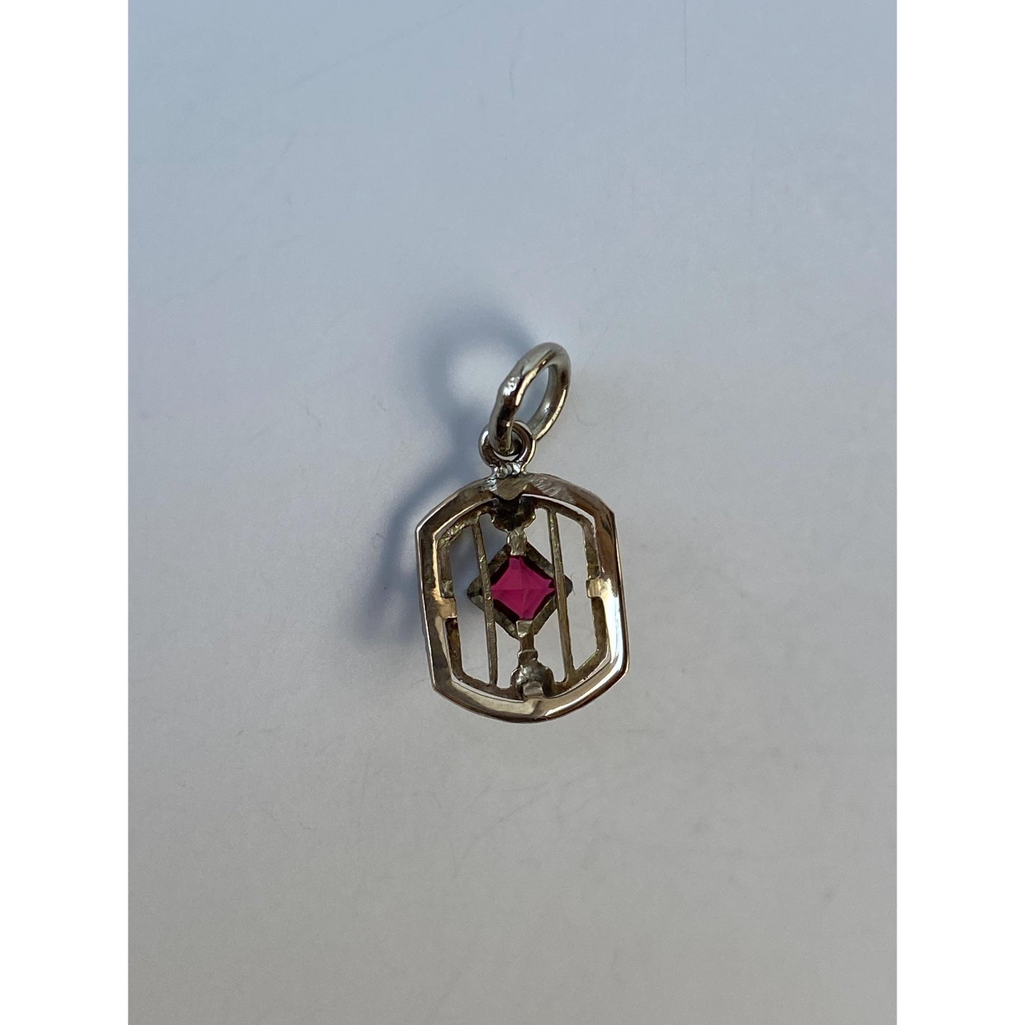 Vintage Solid 10k White Gold Red Cubic Zirconia Art Deco Stick Pin Conversion Charm