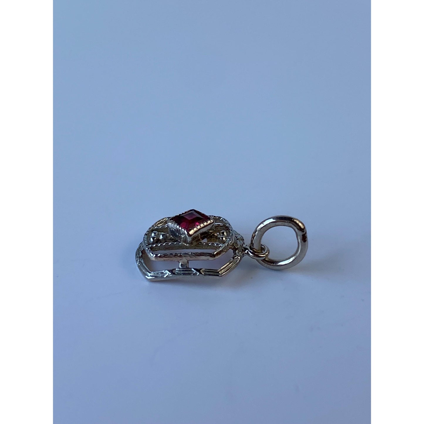 Vintage Solid 10k White Gold Red Cubic Zirconia Art Deco Stick Pin Conversion Charm