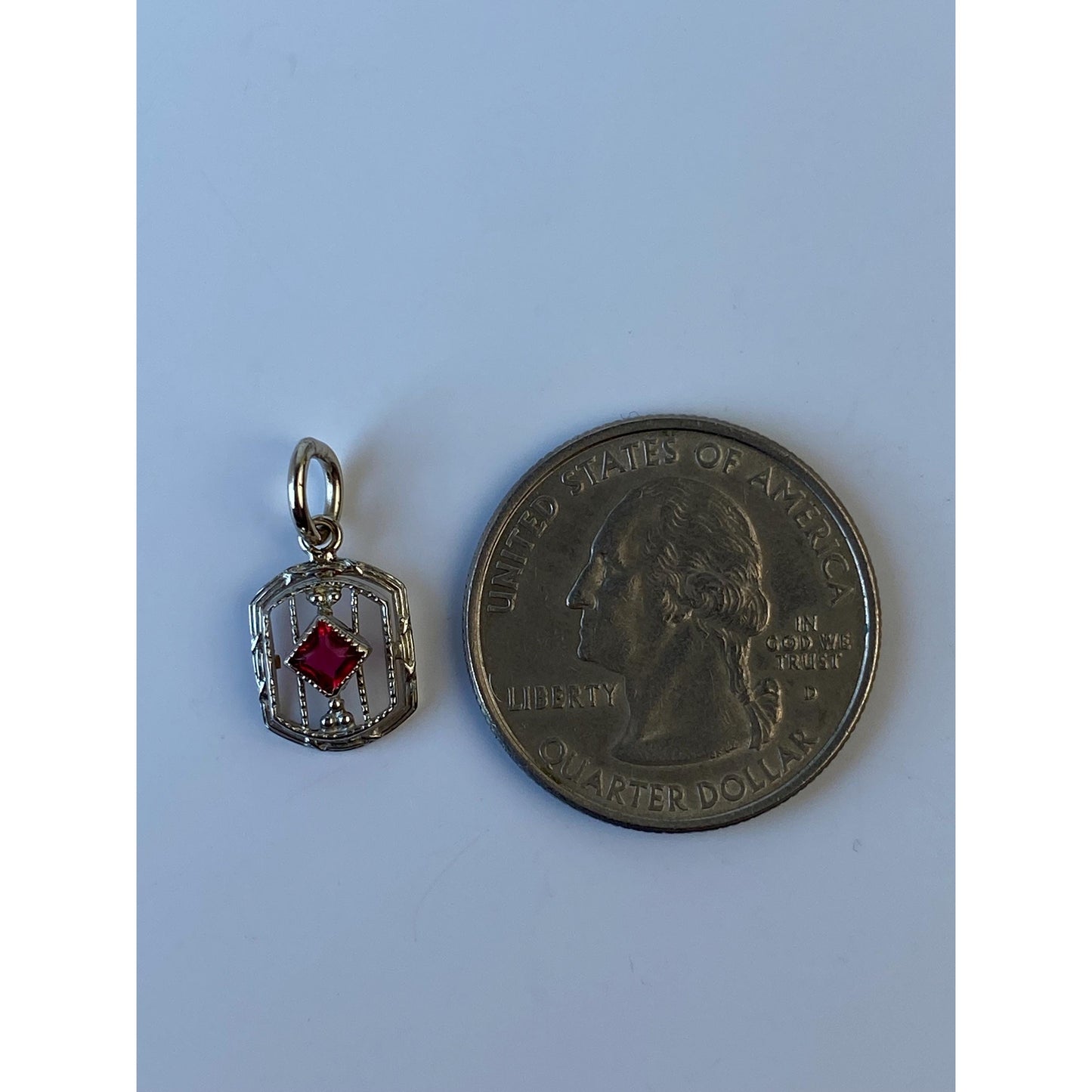 Vintage Solid 10k White Gold Red Cubic Zirconia Art Deco Stick Pin Conversion Charm