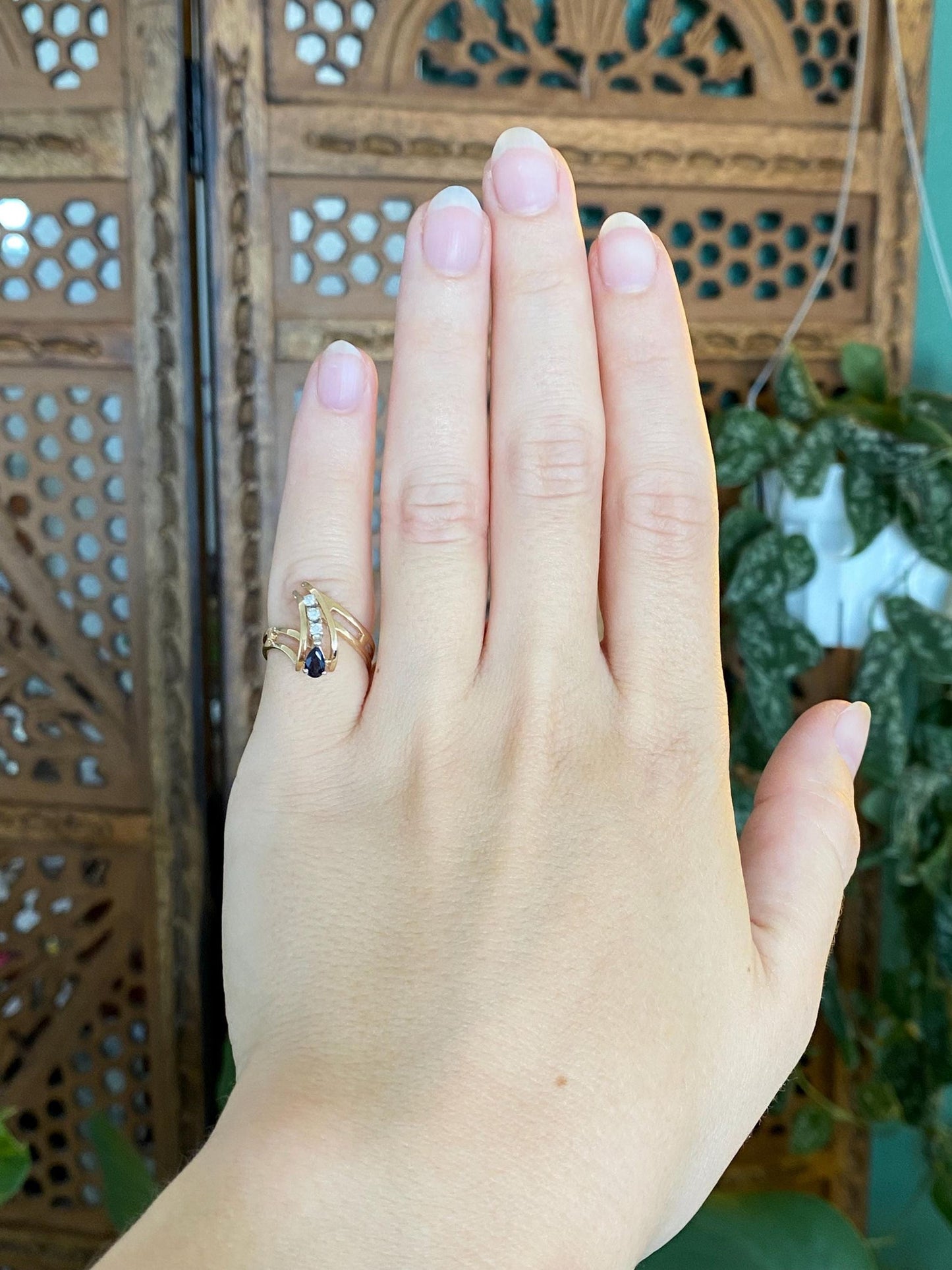Solid 14k Yellow Gold Diamond Blue Sapphire Ring - Size 4.5