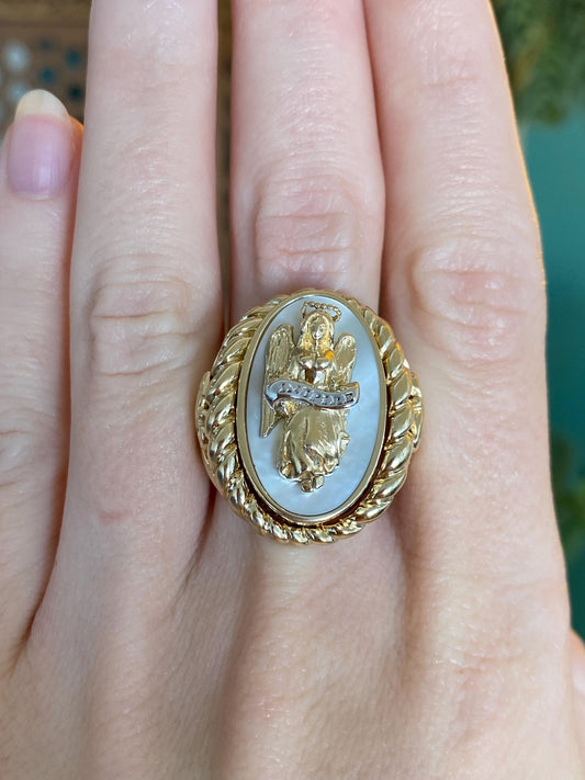 Vintage Solid 14k Yellow Gold Mother of Pearl 'INSPIRE' Angel Relgious Ring - Size 8.75