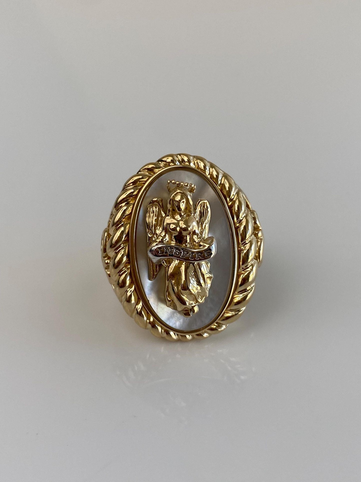 Vintage Solid 14k Yellow Gold Mother of Pearl 'INSPIRE' Angel Relgious Ring - Size 8.75