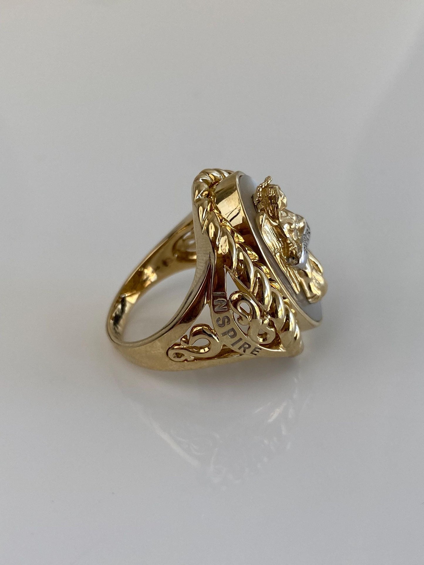 Vintage Solid 14k Yellow Gold Mother of Pearl 'INSPIRE' Angel Relgious Ring - Size 8.75