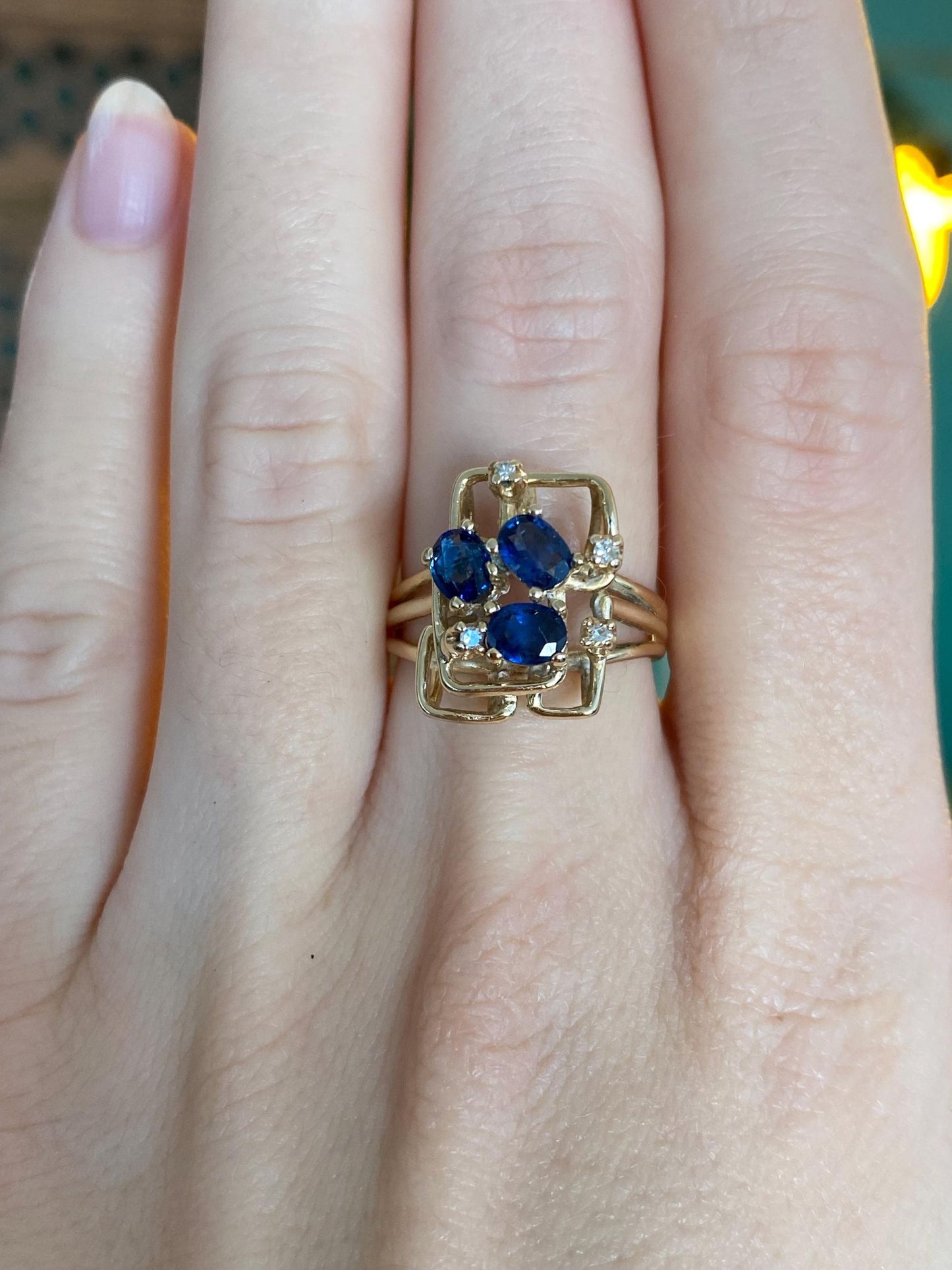 Vintage Solid 14k Yellow Gold Diamond Blue Sapphire Cubist Ring - Size 6.25