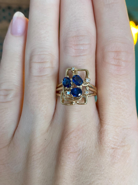 Vintage Solid 14k Yellow Gold Diamond Blue Sapphire Cubist Ring - Size 6.25