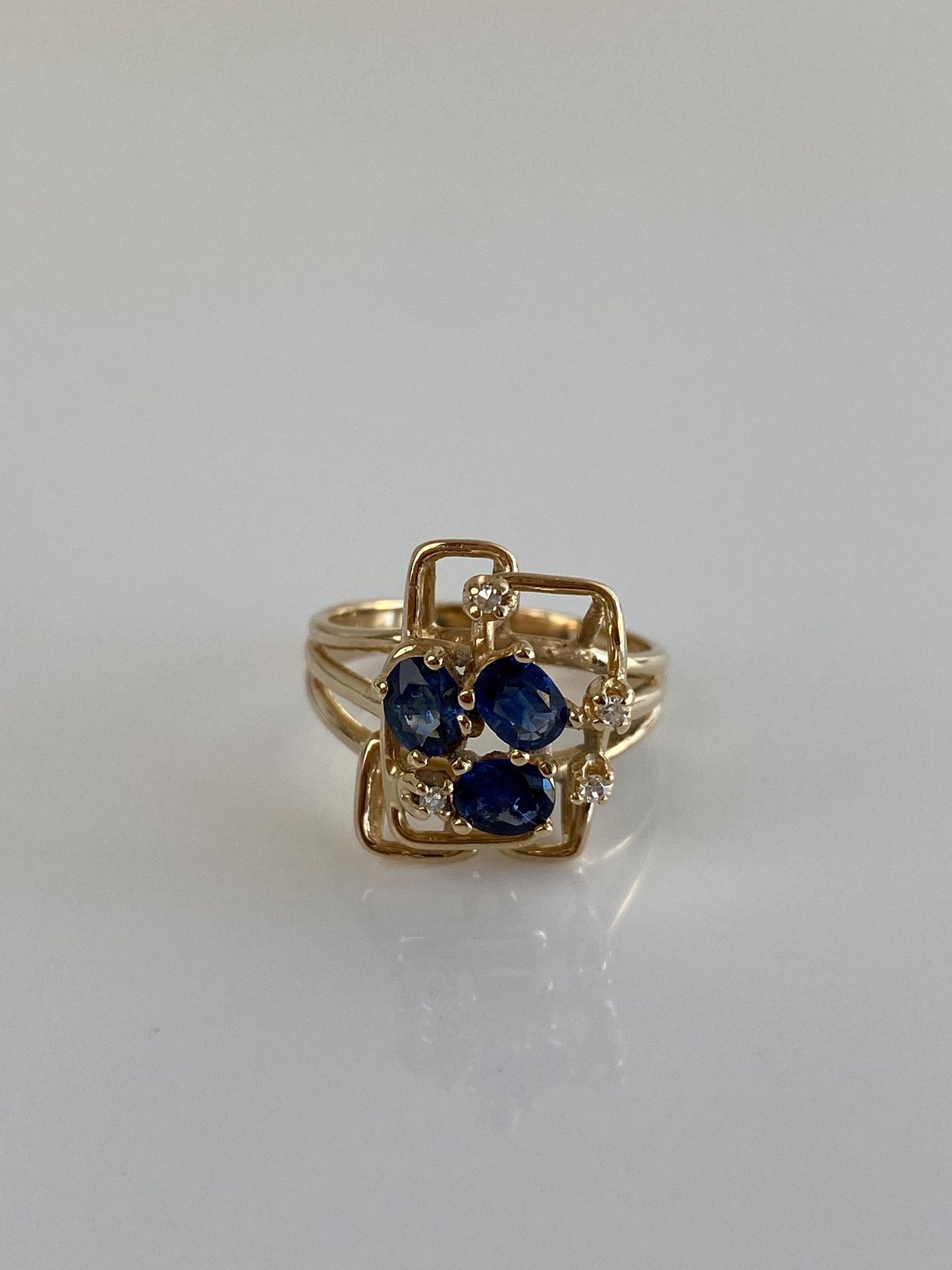 Vintage Solid 14k Yellow Gold Diamond Blue Sapphire Cubist Ring - Size 6.25